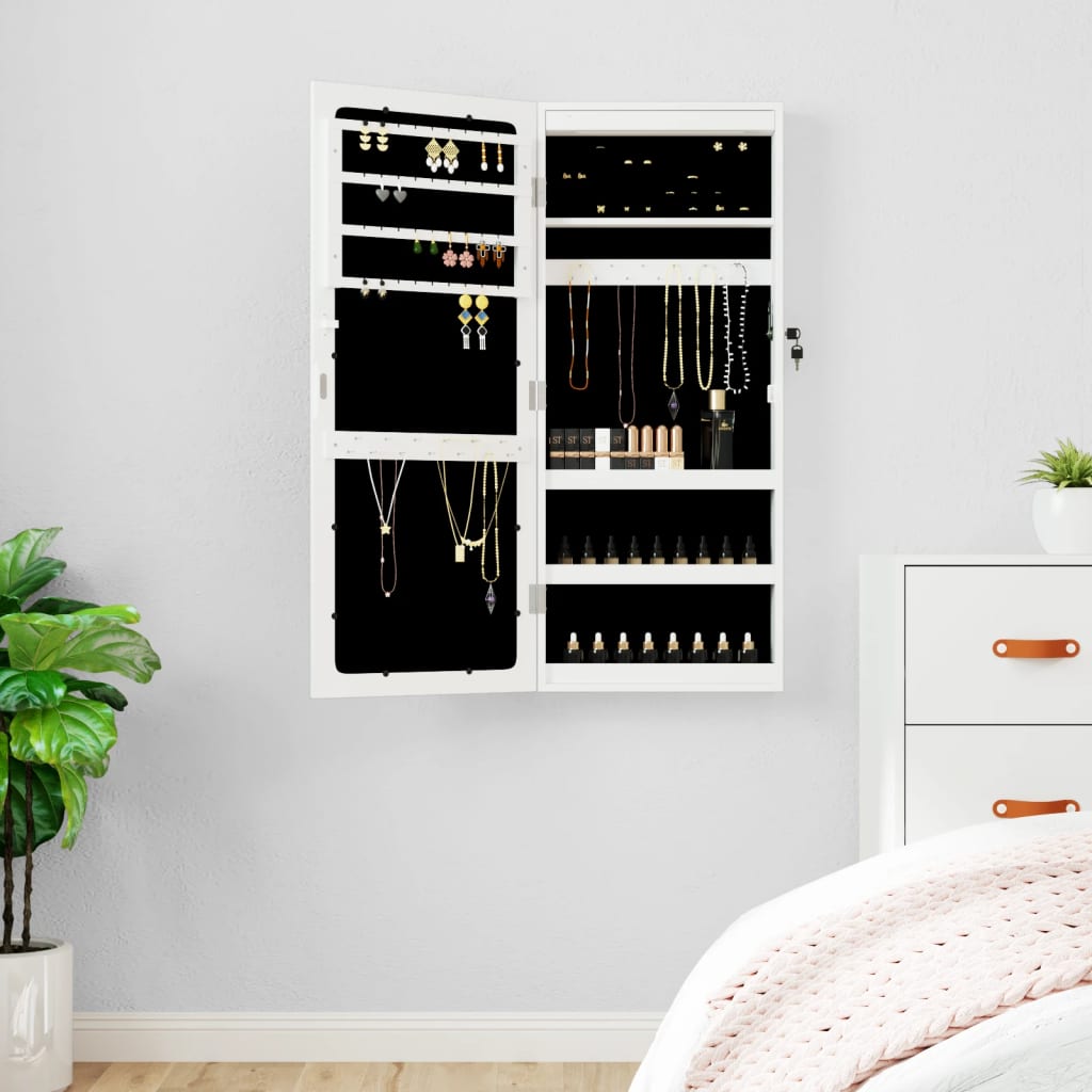 Mirror jewelry cabinet with LED lighting wall mounting white