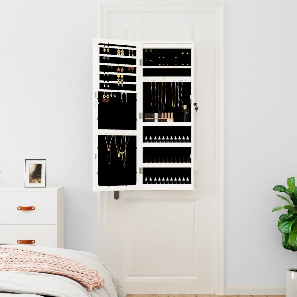 Mirror jewelry cabinet with LED lighting wall mounting white
