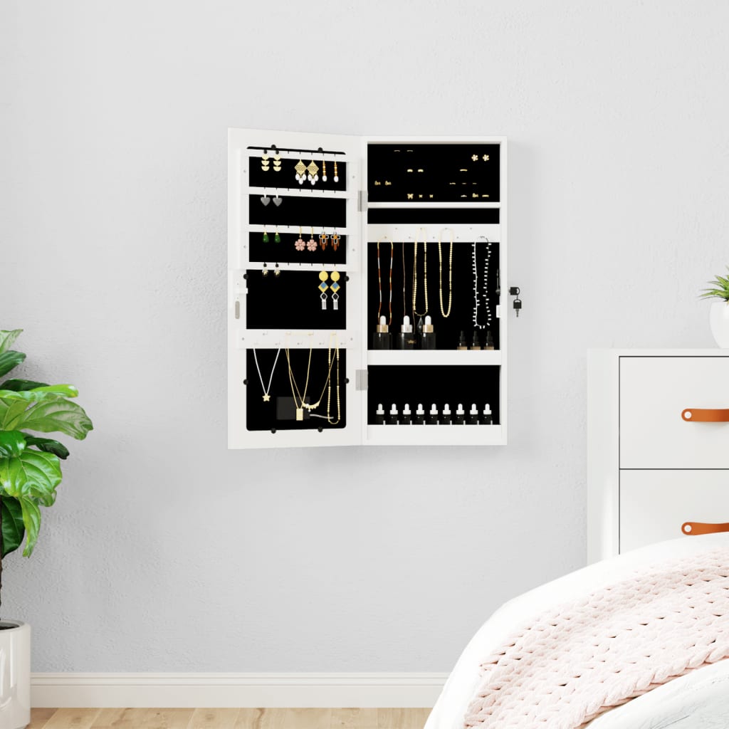 Mirror jewelry cabinet with LED lighting wall mounting white