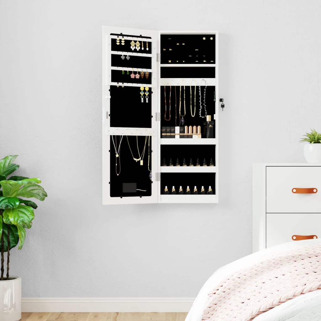 Mirror jewelry cabinet with LED lighting wall mounting white