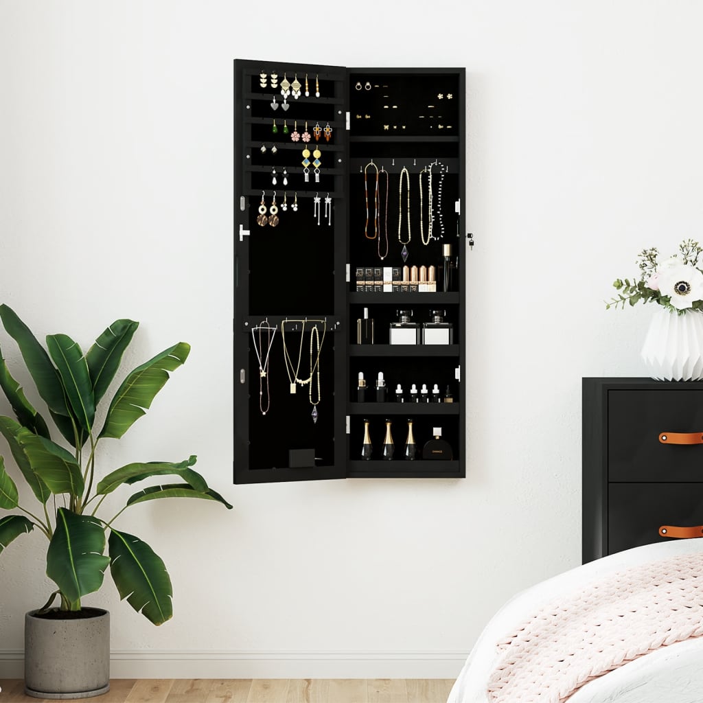 Armoire à bijoux avec miroir avec éclairage LED, fixation murale, noir