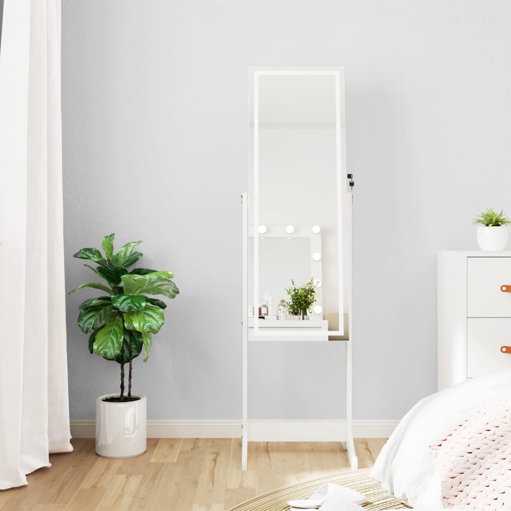 Armoire à bijoux avec miroir et éclairage LED sur pied blanc
