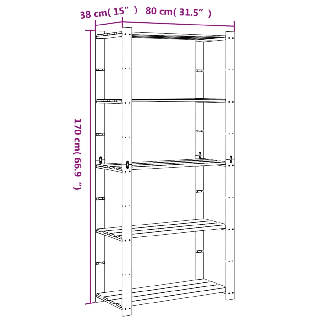 Storage rack with 5 shelves brown 80x38x170 cm solid pine wood