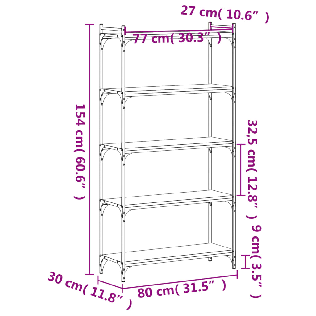 Bookcase 5 shelves smoked oak 80x30x154 cm wood material