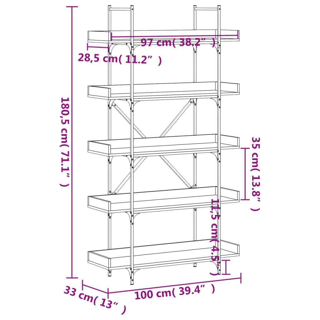 Bookcase 5 shelves smoked oak 100x33x180.5 cm wood material