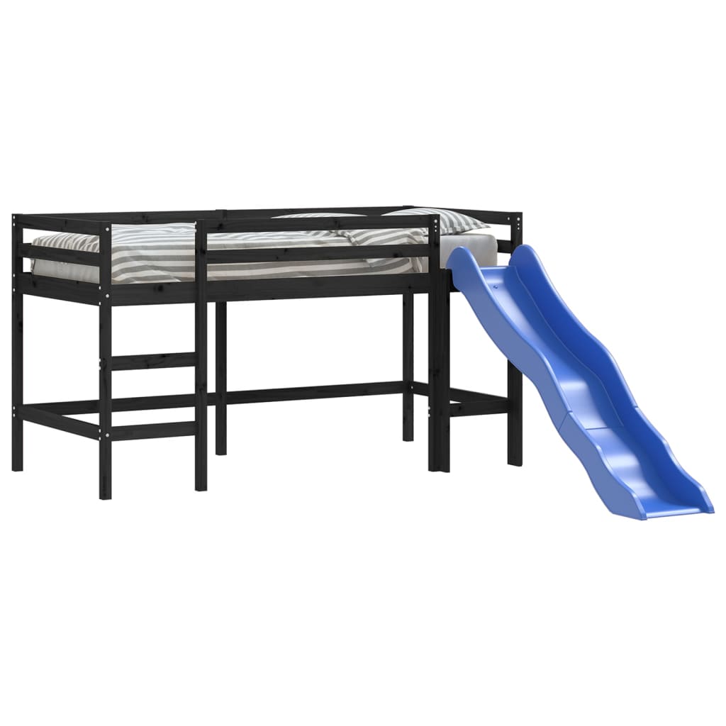 Children's loft bed with slide black 80x200 cm solid pine wood