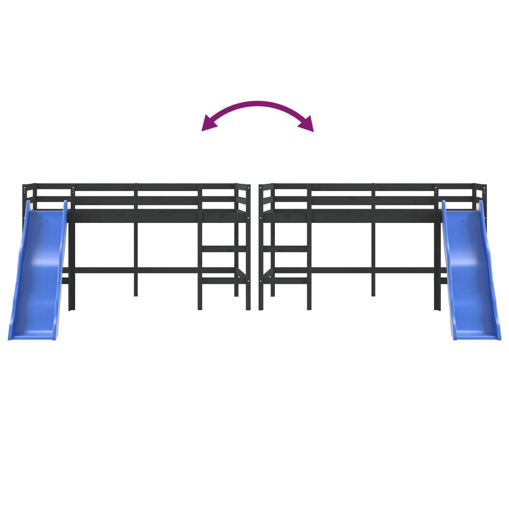 Children's loft bed with slide black 80x200 cm solid pine wood