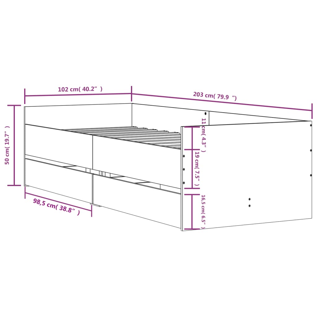 Bettgestell mit Schubladen Schwarz 100x200 cm
