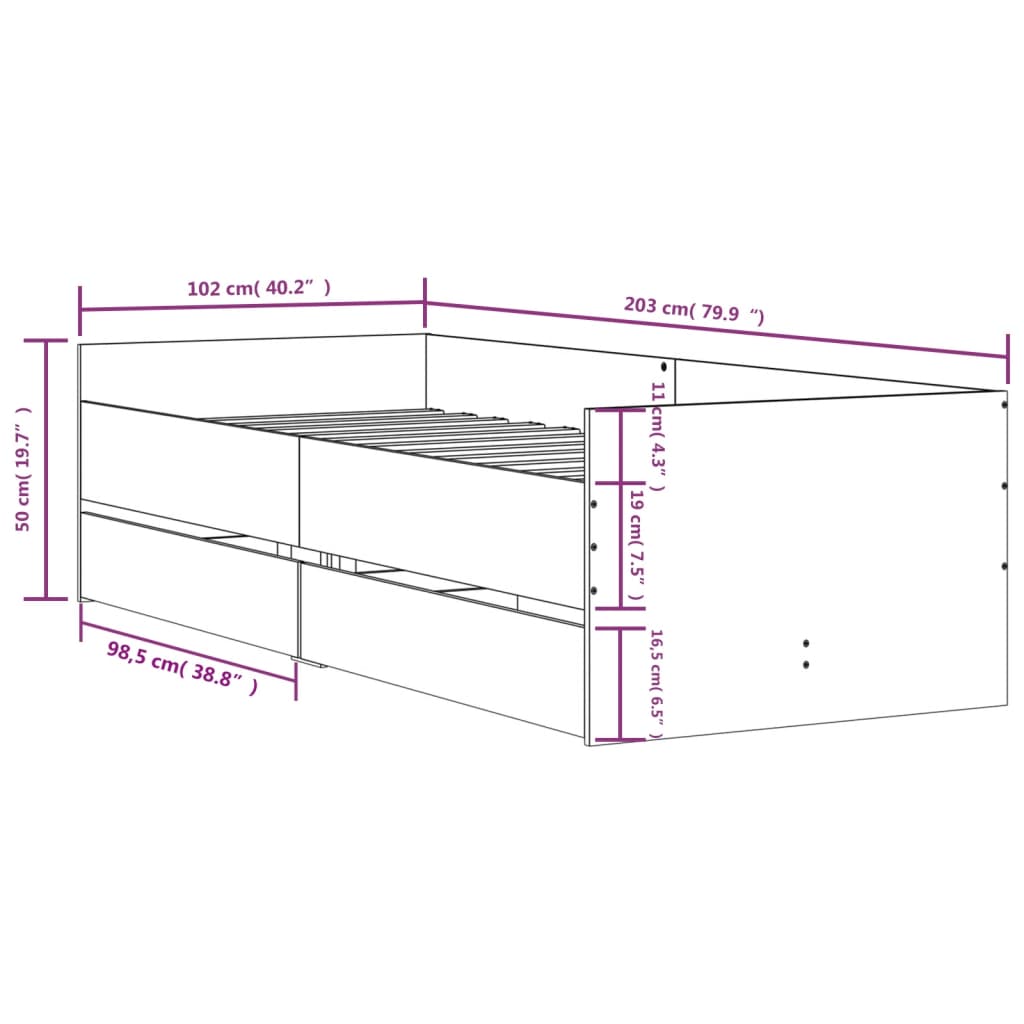 Bettgestell mit Schubladen Betongrau 100x200 cm