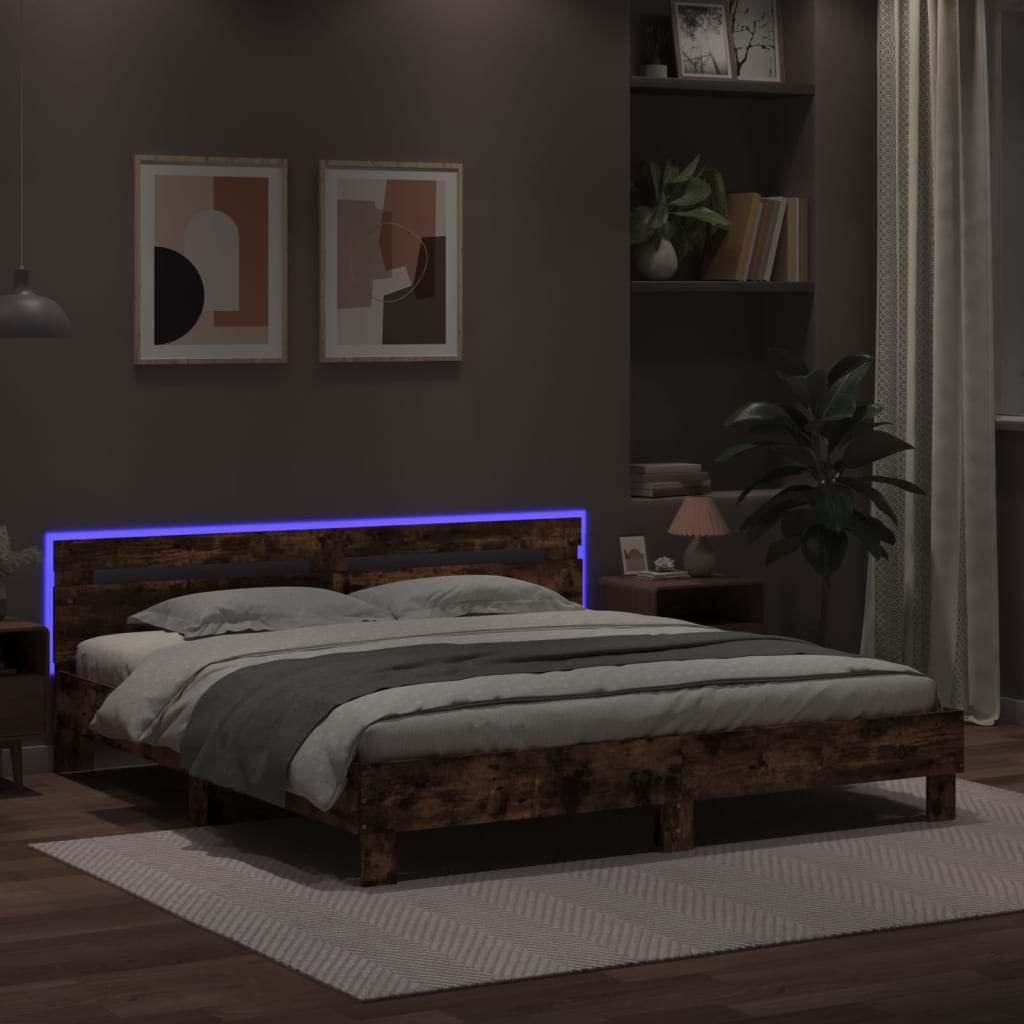 Bettgestell mit Kopfteil und LED-Beleuchtung Räuchereiche