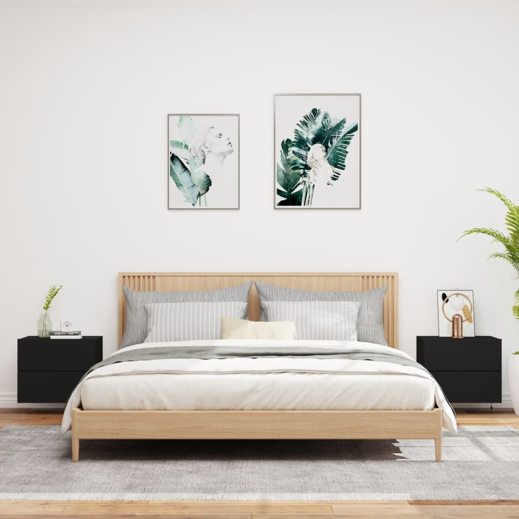 Tables de chevet murales avec lumières LED 2 pcs Noir