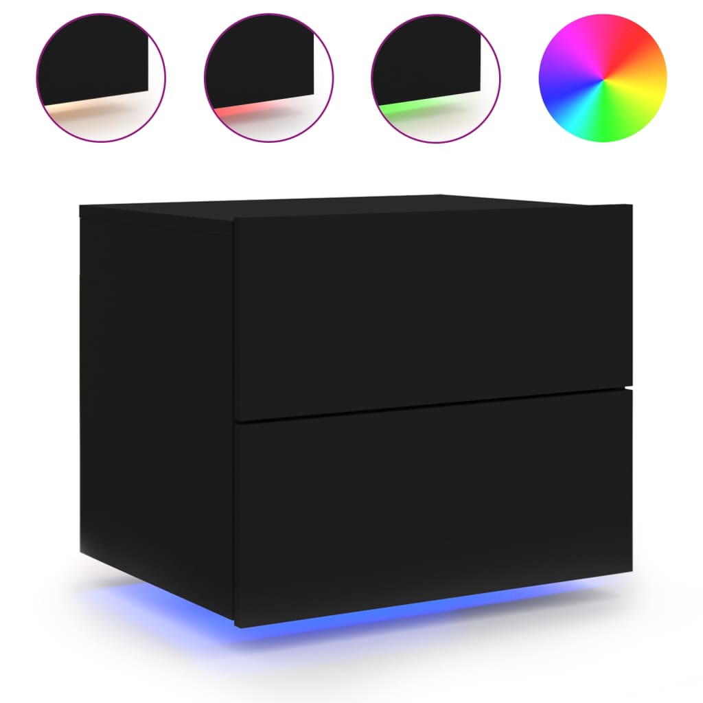 Tables de chevet murales avec lumières LED 2 pcs Noir