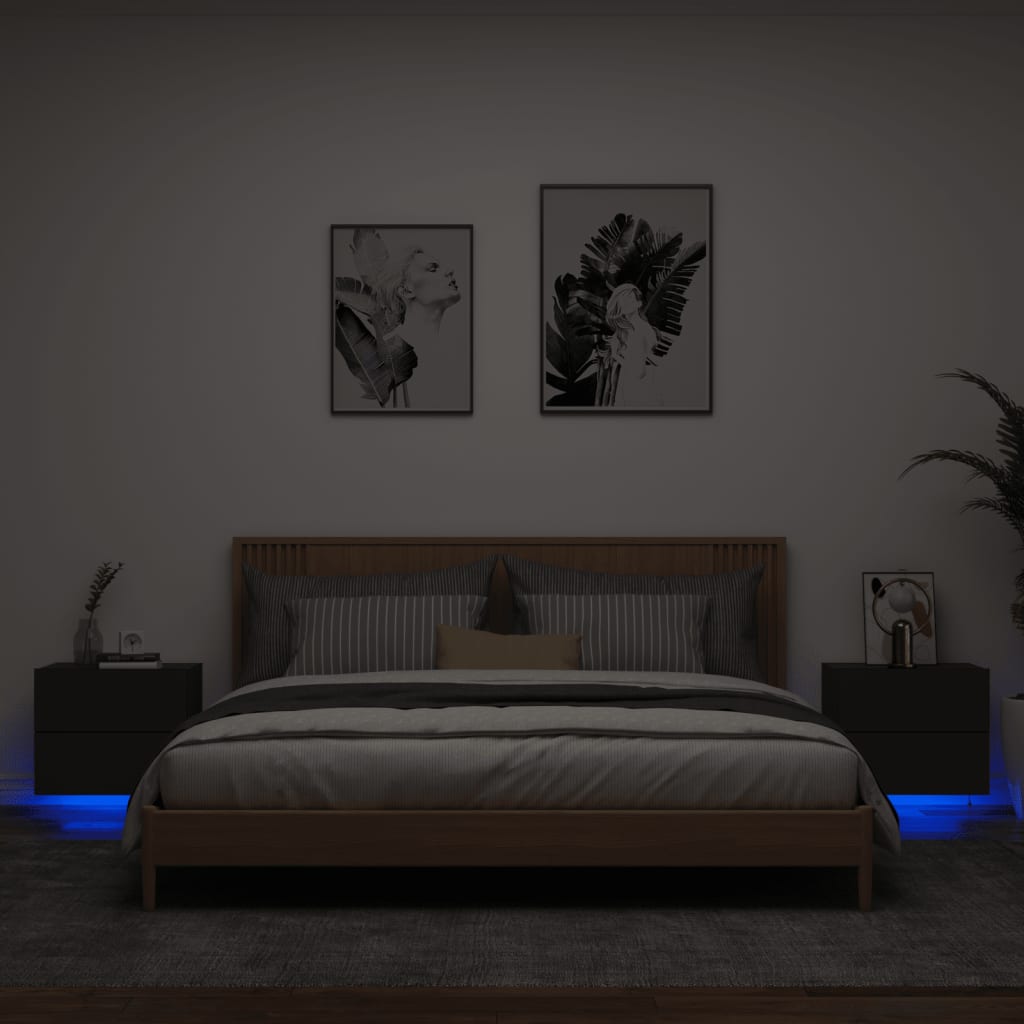 Tables de chevet murales avec lumières LED 2 pcs Noir