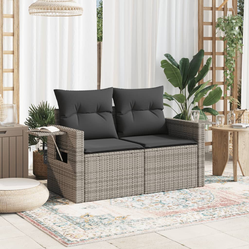 Garden sofa 2 seater with cushions gray poly rattan