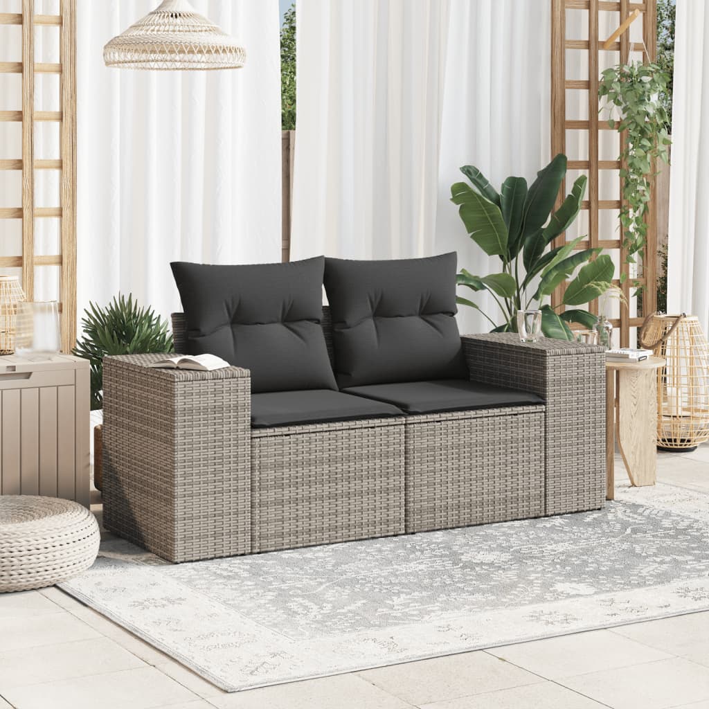 Garden sofa 2 seater with cushions gray poly rattan