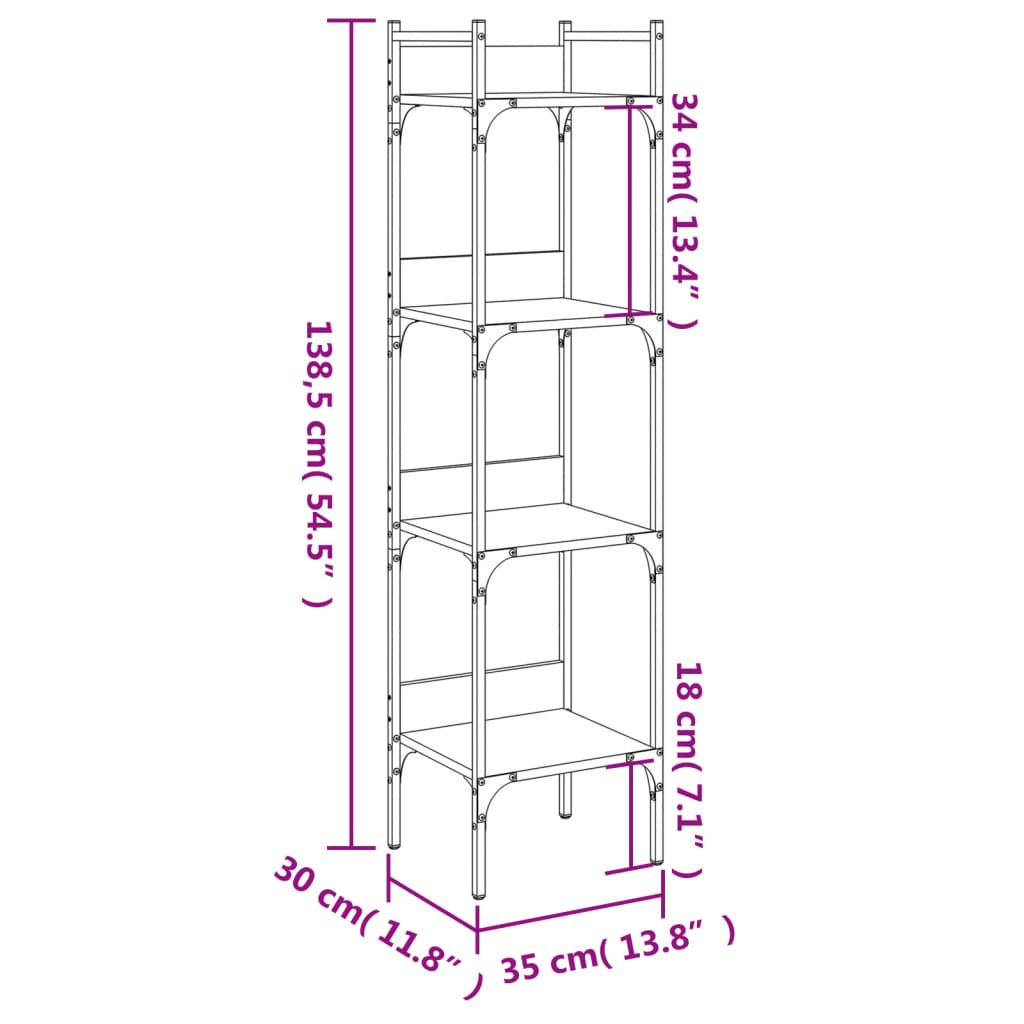 Bookcase 4 shelves brown oak look 35x30x138.5 cm