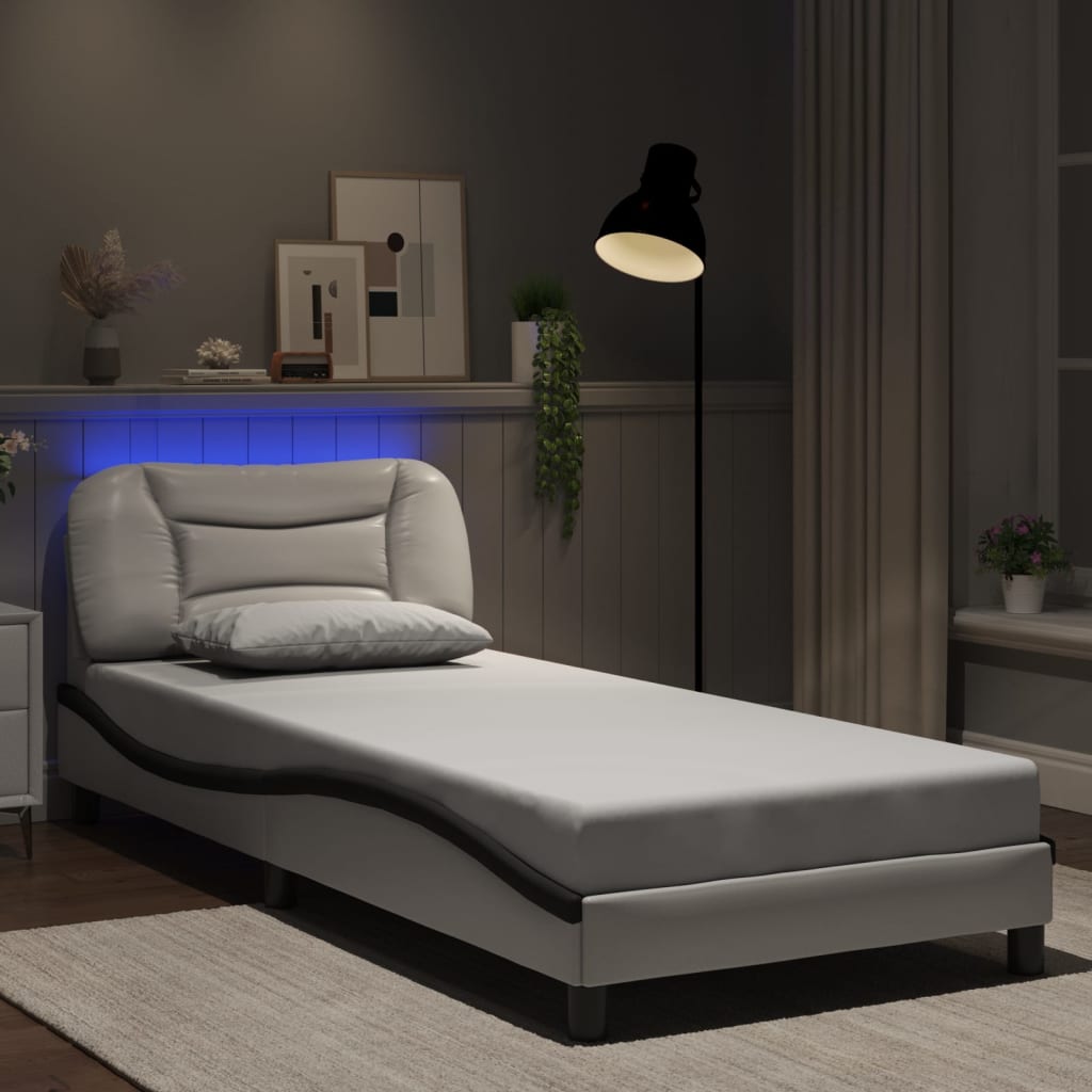 Bettgestell mit LED ohne Matratze "Hvar" Weiß und Schwarz 90x190 cm Kunstleder