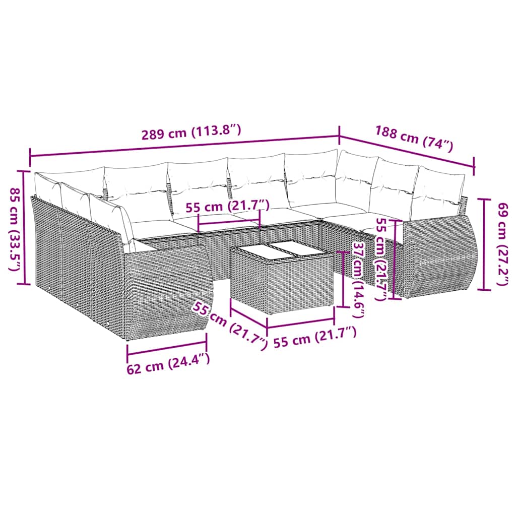 10-tlg. Garten-Sofagarnitur mit Kissen Hellgrau Poly Rattan