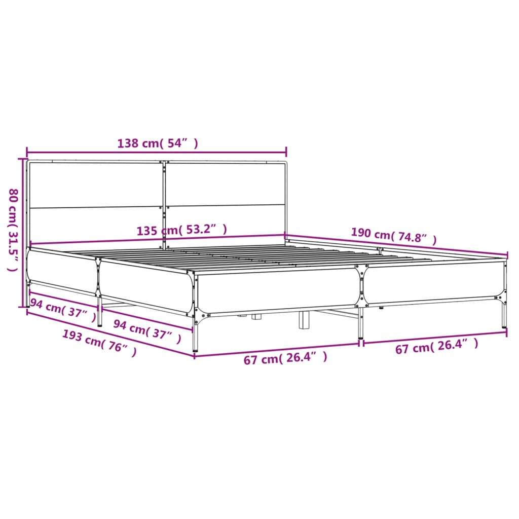 Bettgestell Räuchereiche 135x190 cm Holzwerkstoff und Metall