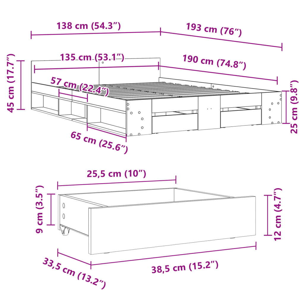 Bettgestell mit Schubladen Betongrau 135x190 cm Holzwerkstoff