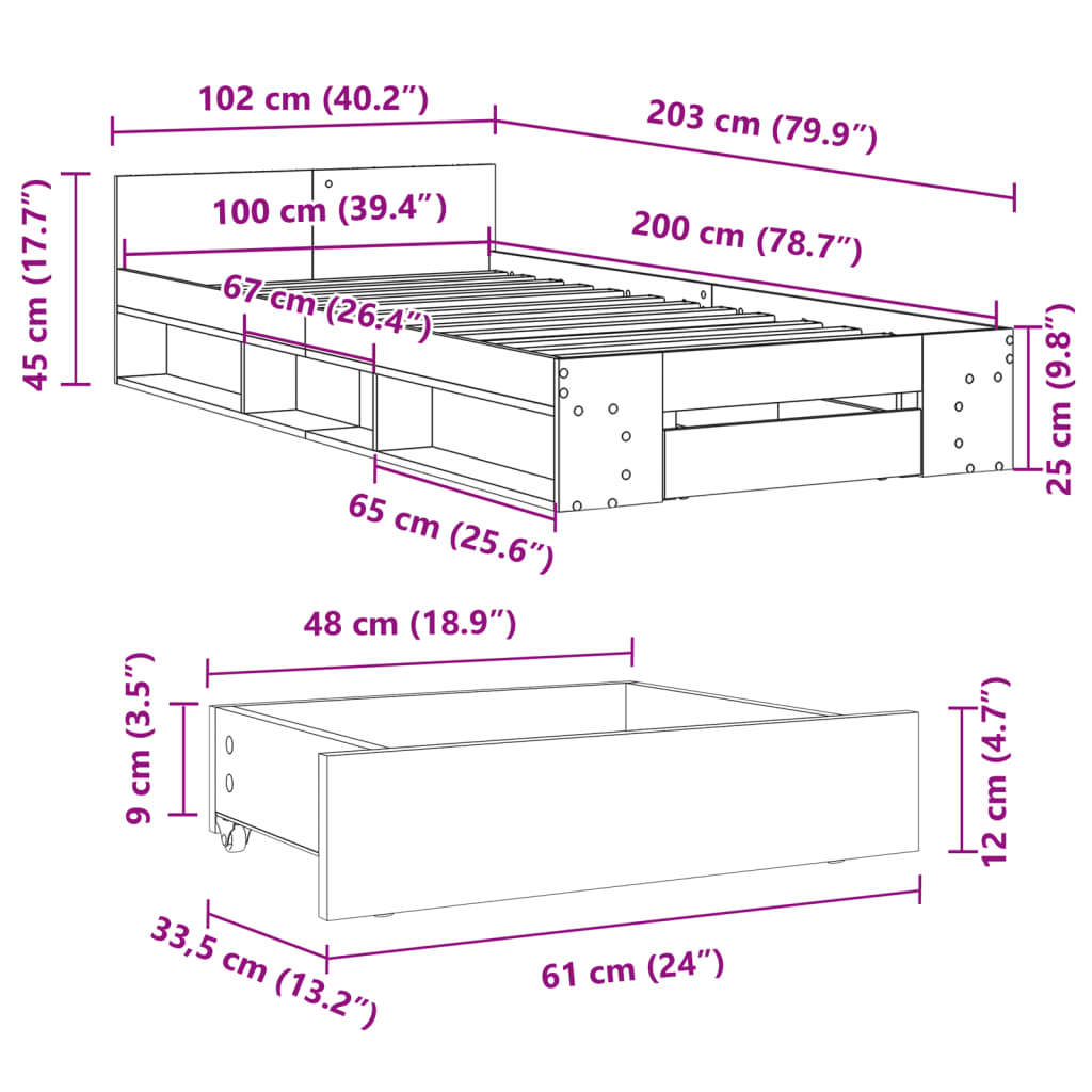 Bettgestell mit Schublade Sonoma-Eiche 100x200 cm Holzwerkstoff