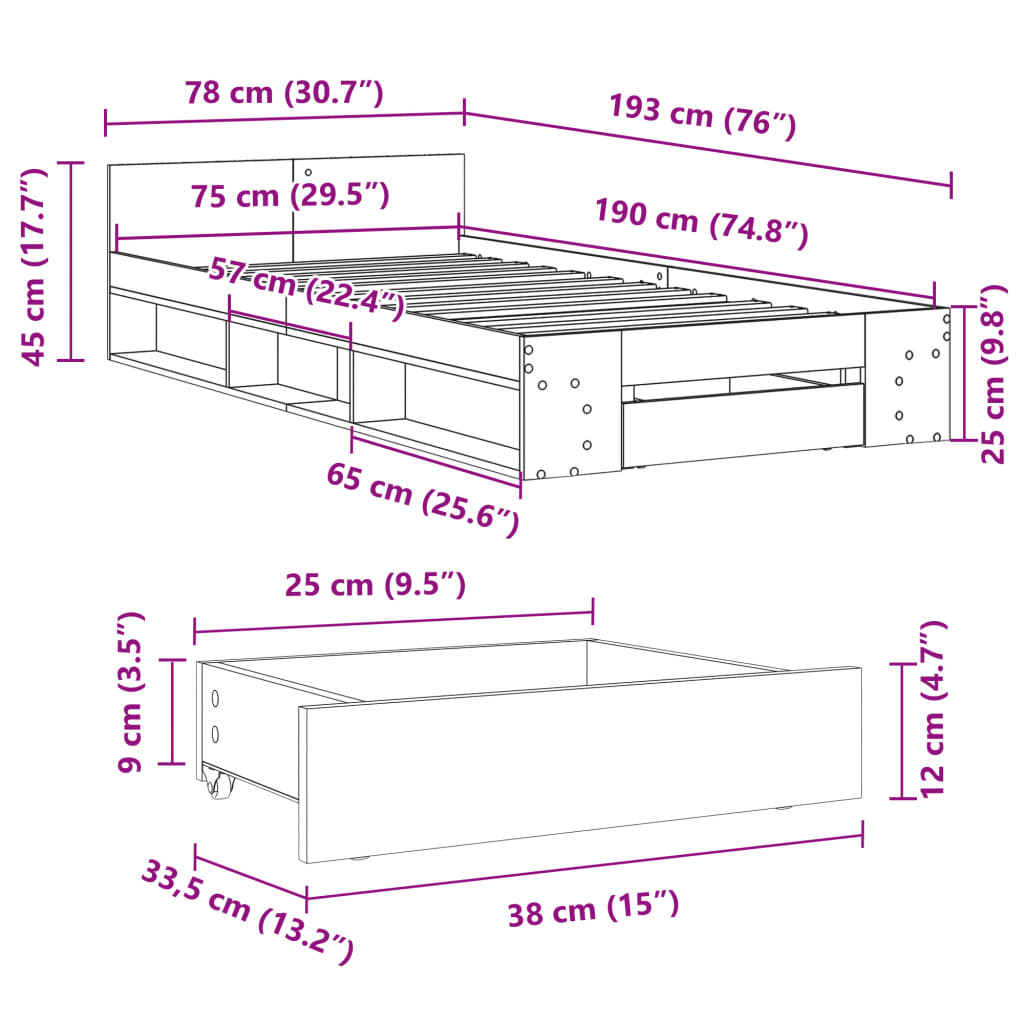 Bettgestell mit Schublade Weiß 75x190 cm Holzwerkstoff