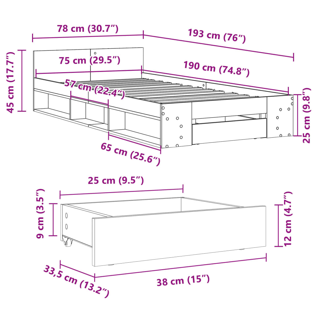 Bettgestell mit Schublade Sonoma-Eiche 75x190 cm Holzwerkstoff