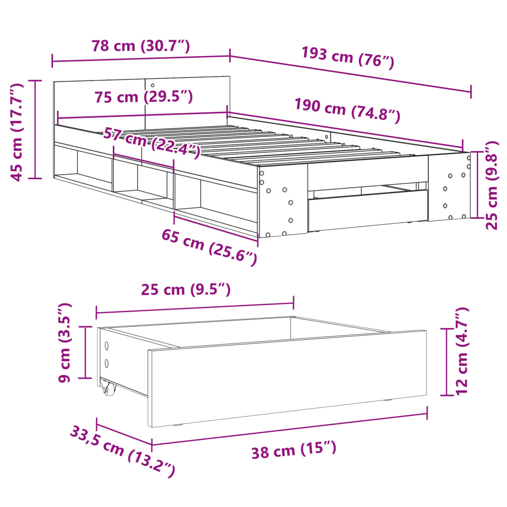 Bettgestell mit Schublade Betongrau 75x190 cm Holzwerkstoff