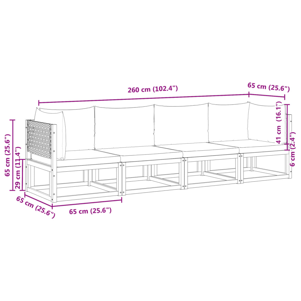 4-tlg. Gartensofa-Set mit Kissen Holz Akazie & Rattan