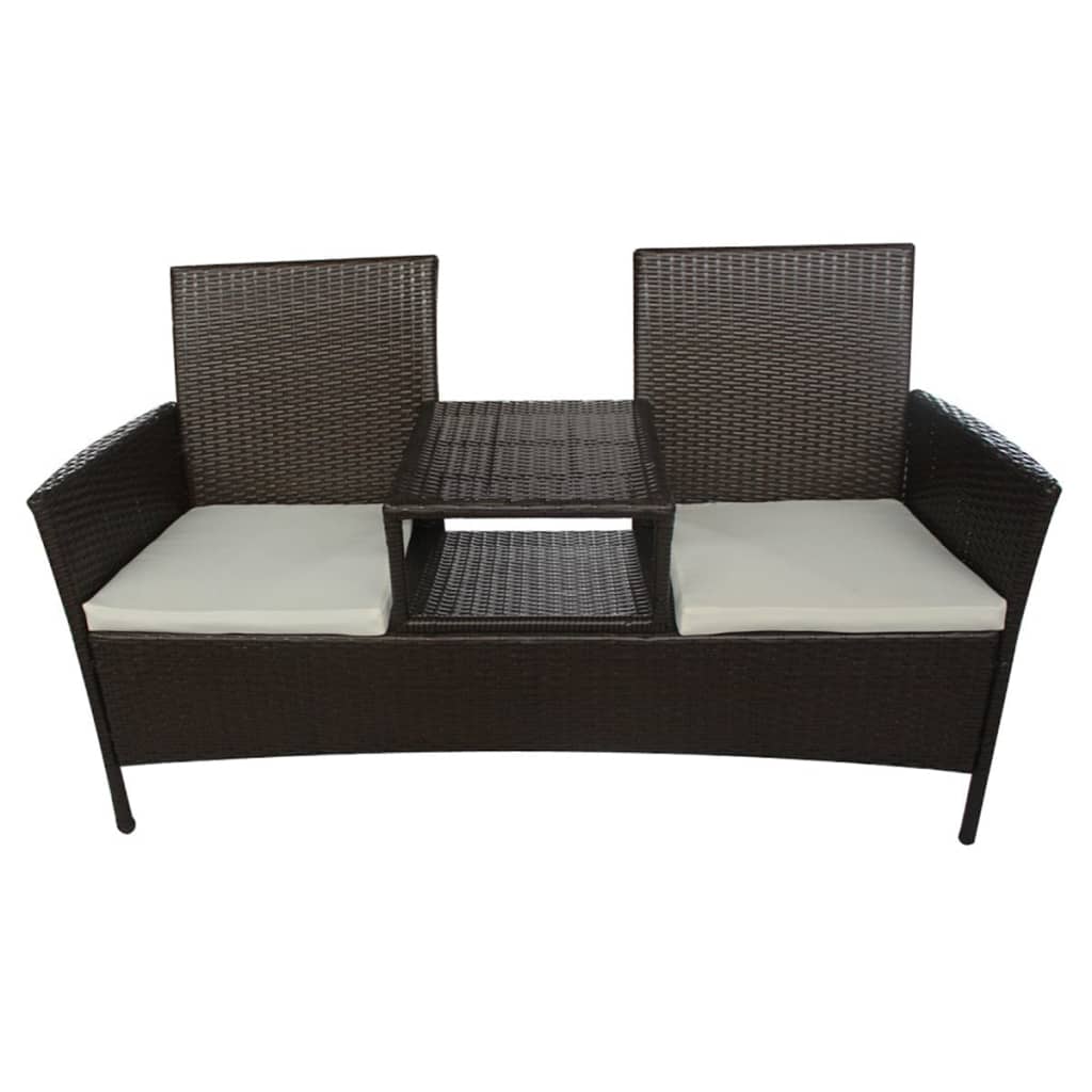 2-seater garden sofa with tea table poly rattan brown