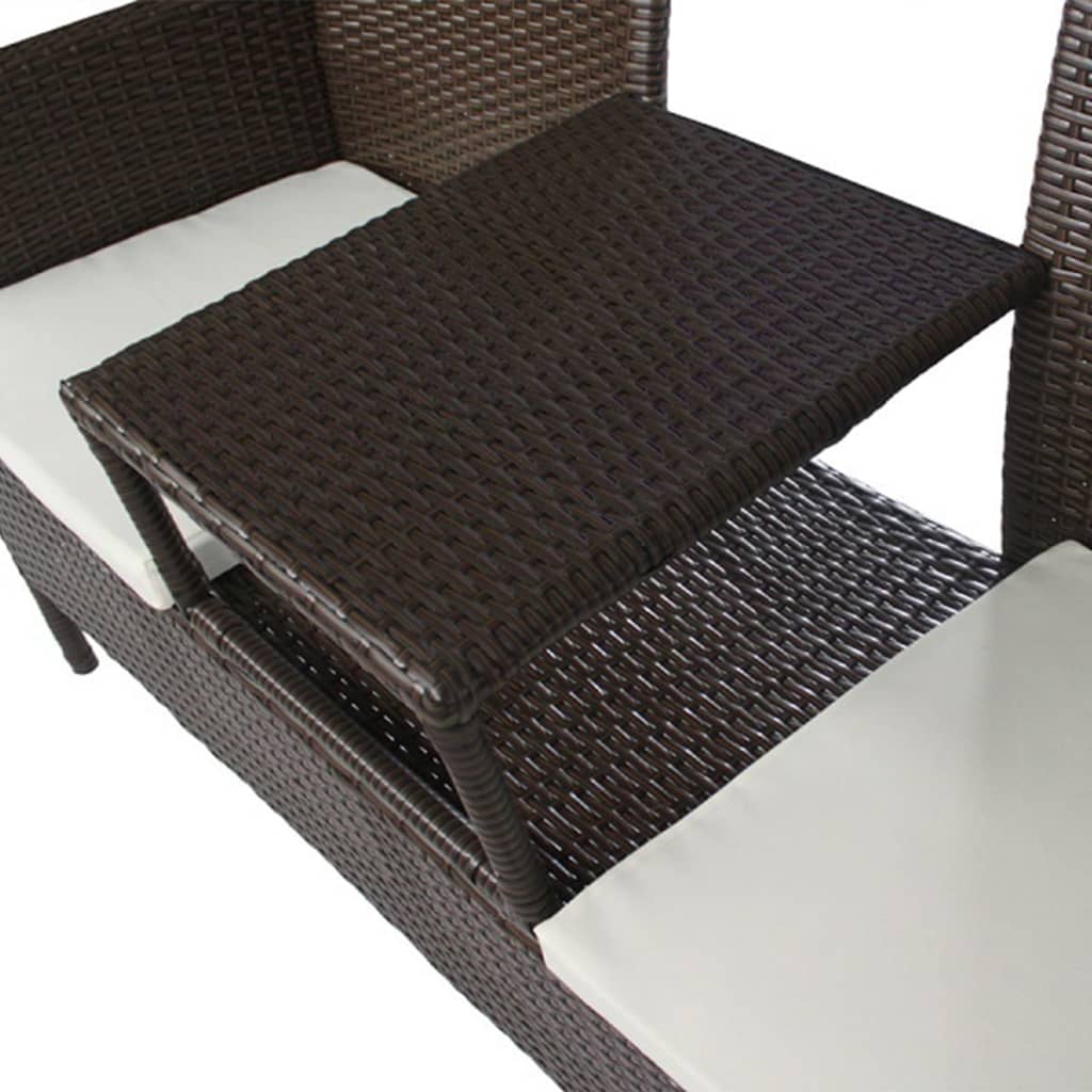 2-seater garden sofa with tea table poly rattan brown