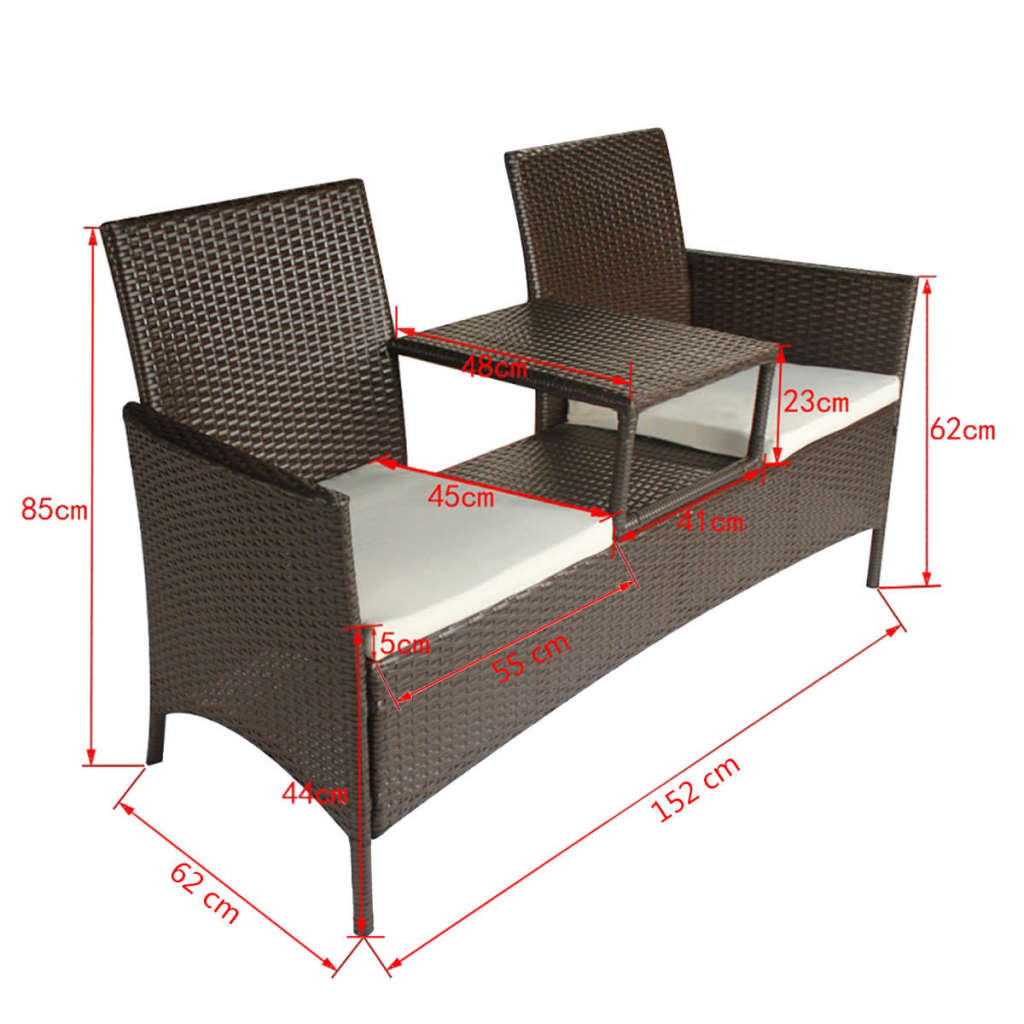 2-seater garden sofa with tea table poly rattan brown