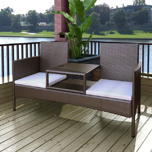 2-seater garden sofa with tea table poly rattan brown