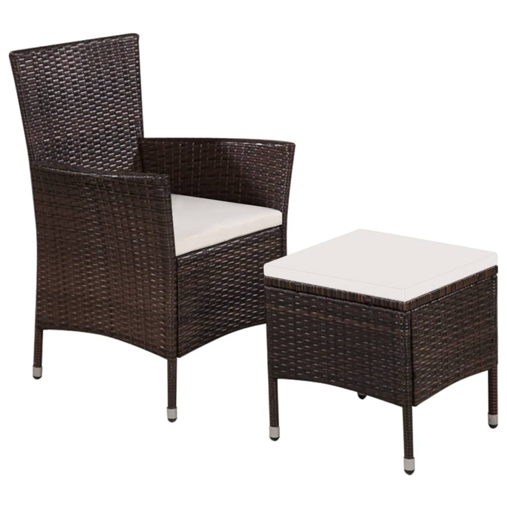 Garden chair and stool with padding poly rattan brown