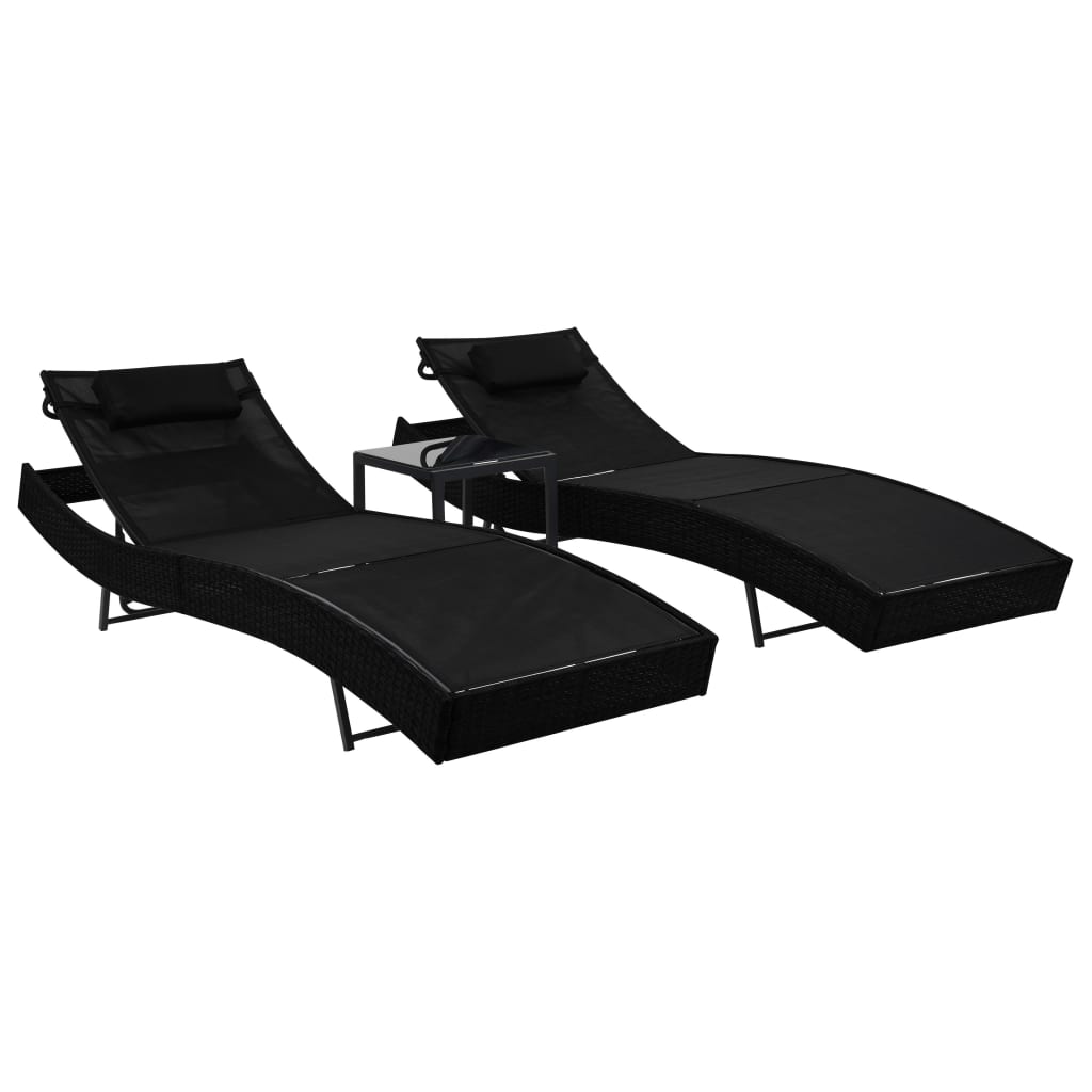 Sun loungers 2 pcs with table poly rattan and textilene black