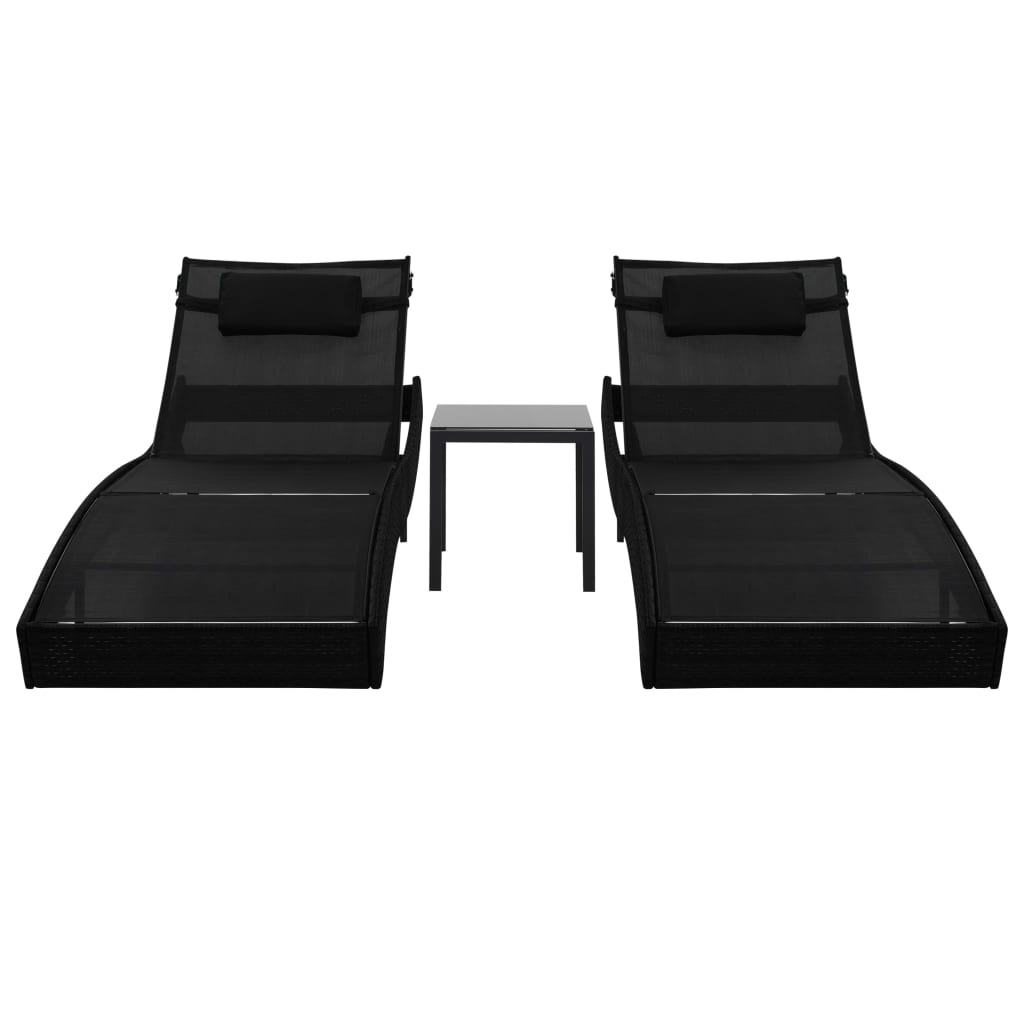 Sun loungers 2 pcs with table poly rattan and textilene black