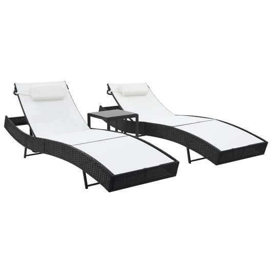 Sun loungers 2 pcs with table poly rattan and textilene black
