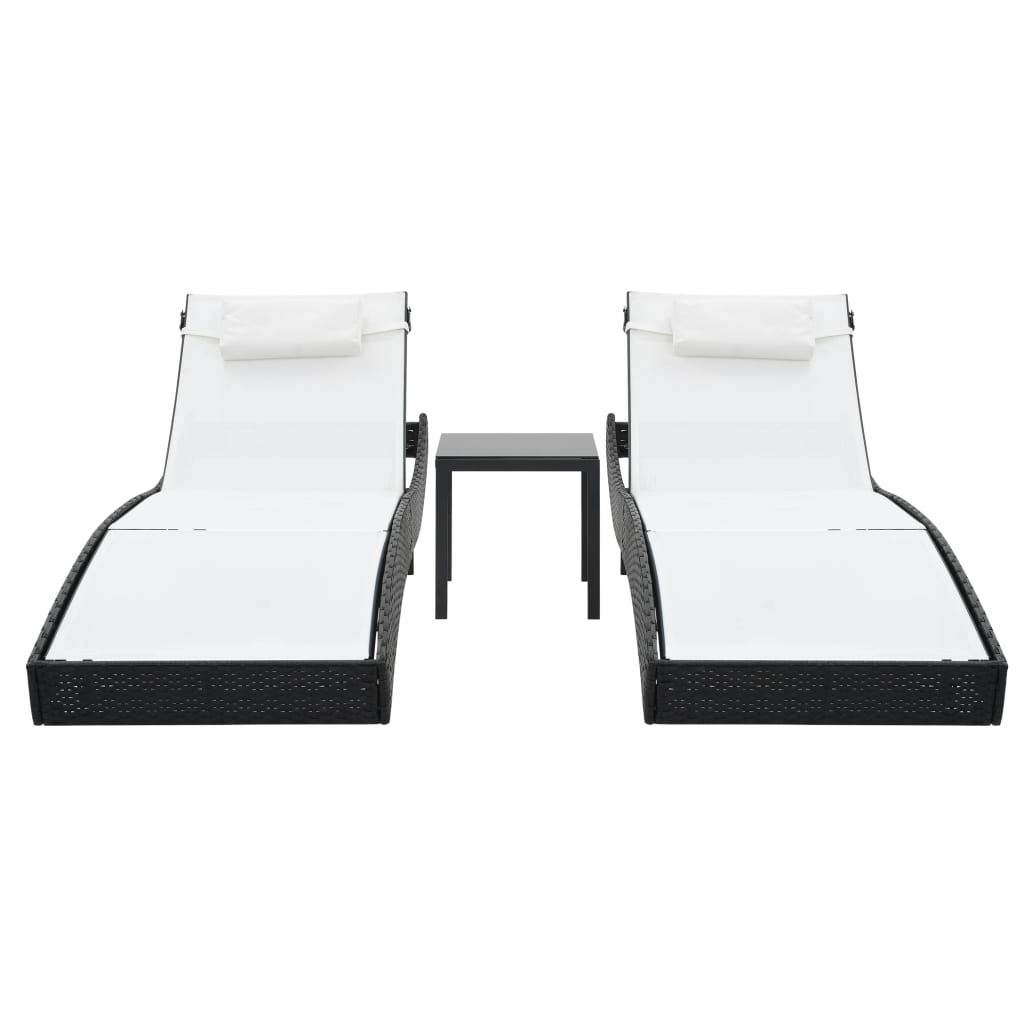 Sun loungers 2 pcs with table poly rattan and textilene black