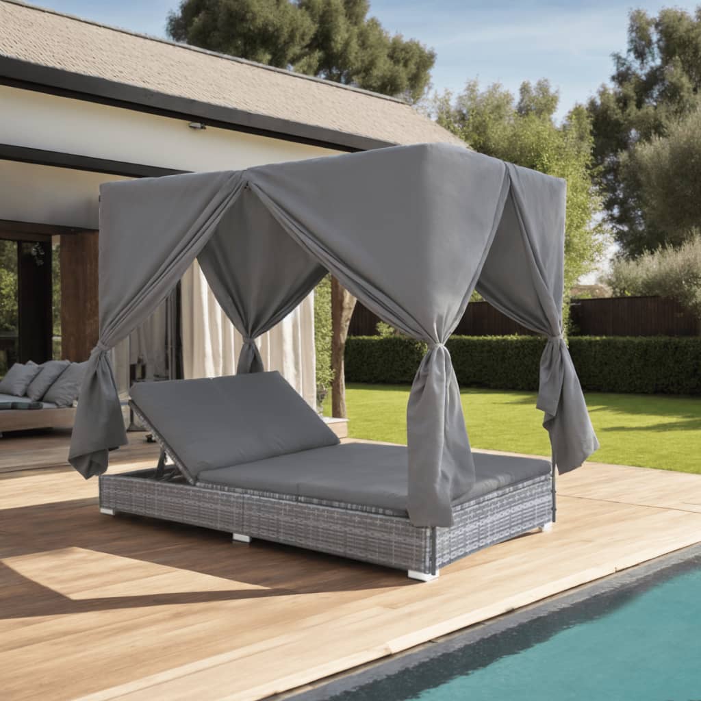 Outdoor Lounge Bed with Curtains Poly Rattan Gray