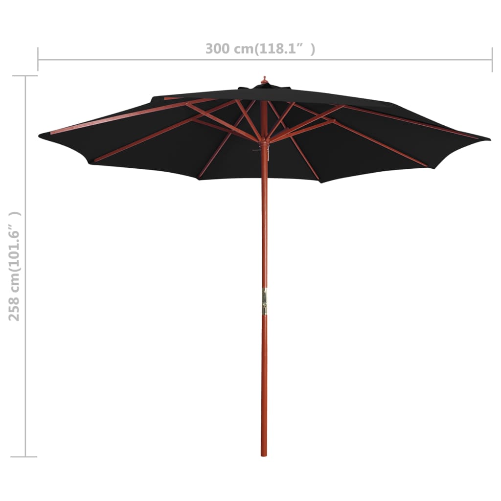 Parasol with wooden pole 300 x 258 cm black