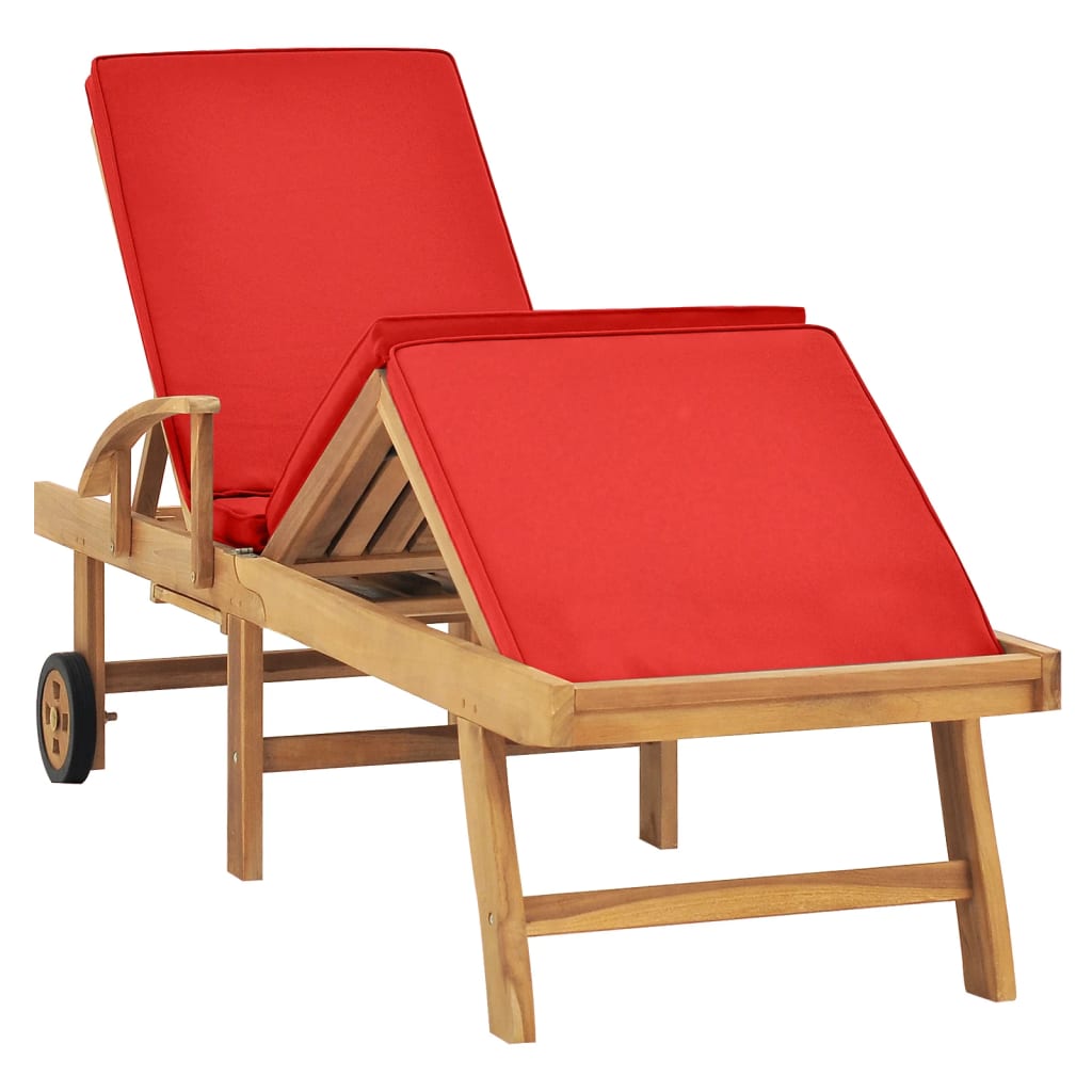 Sun lounger with cushion solid teak red