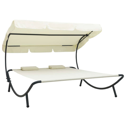 Sun lounger with sun canopy and cushions cream white