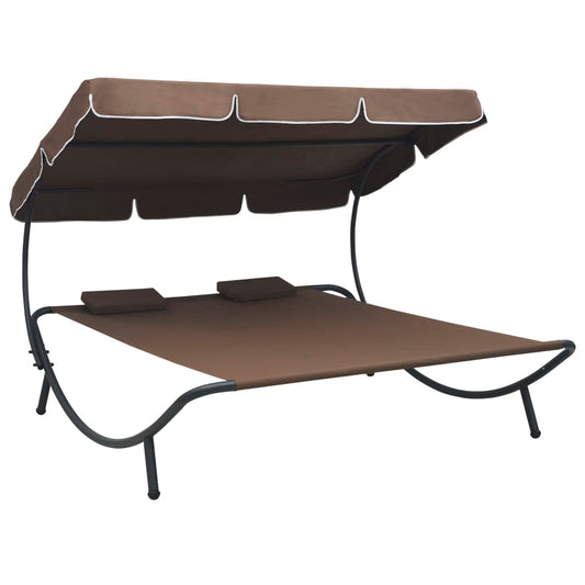 Chaise longue de jardin avec auvent et coussins marron