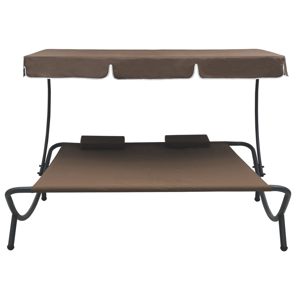 Chaise longue de jardin avec auvent et coussins marron
