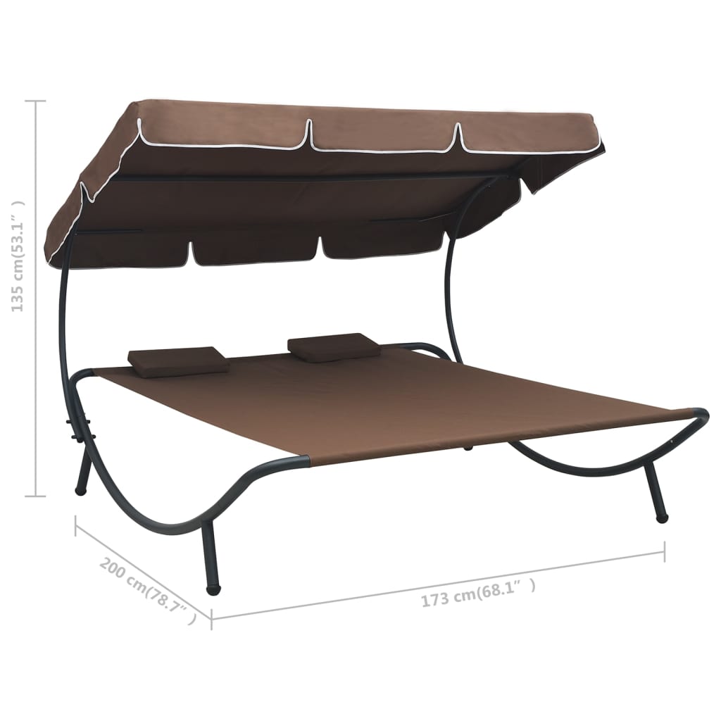 Chaise longue de jardin avec auvent et coussins marron