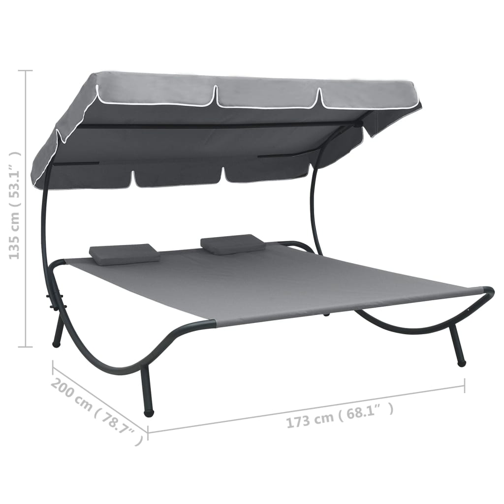 Bain de soleil de jardin avec auvent et coussins gris