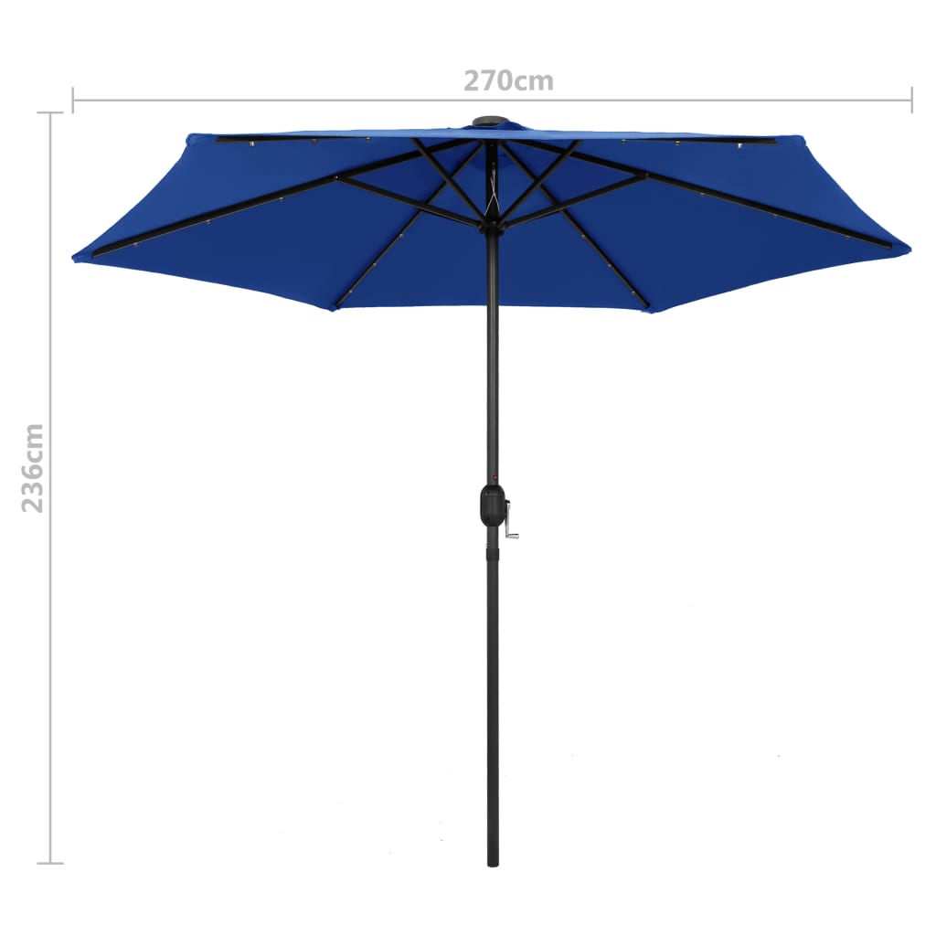 Parasol with LED lights &amp; aluminum pole 270 cm azure blue