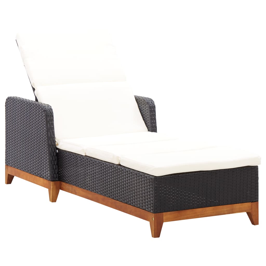 Sun lounger poly rattan and solid black acacia wood