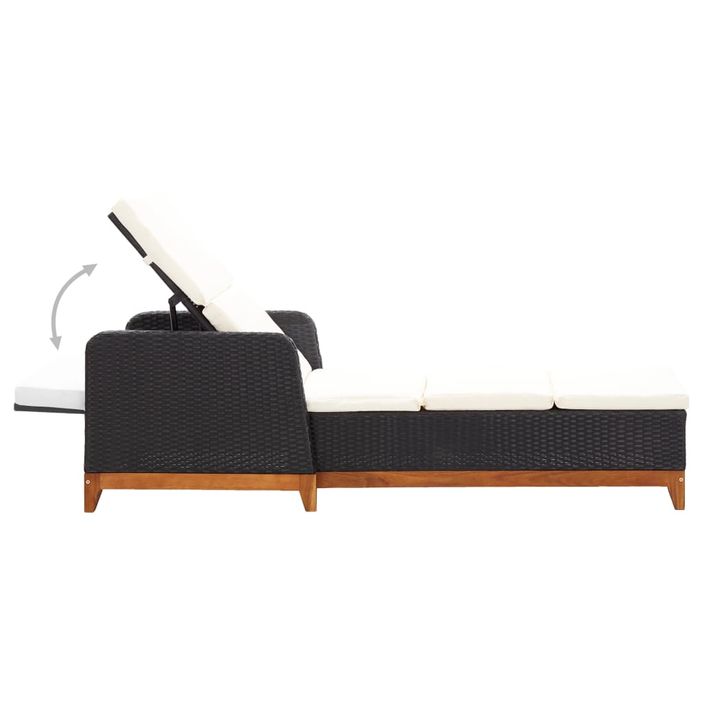 Sun lounger poly rattan and solid black acacia wood