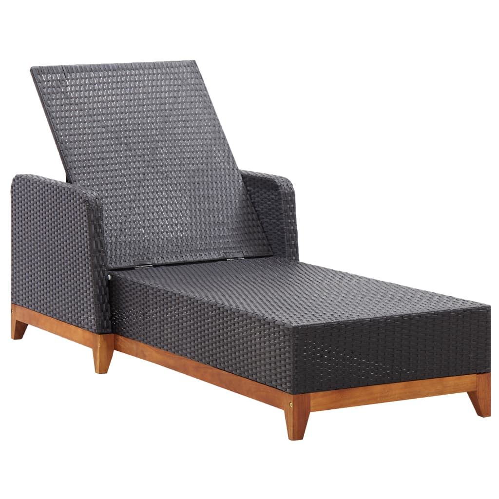 Sun lounger poly rattan and solid black acacia wood